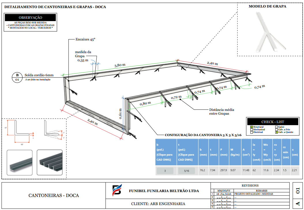 Detalhamento de cantoneiras e grapas